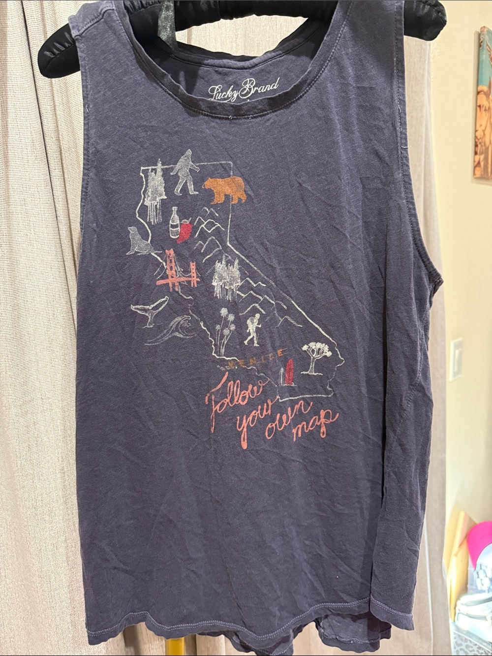 Lucky Brand Navy Graphic Tank with Coral Accents California xl